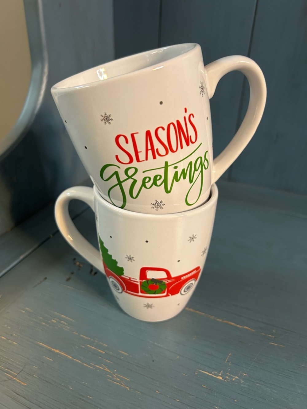White Ceramic 'Season's Greetings' Holiday Mug - Red & Green Design | Set of 2